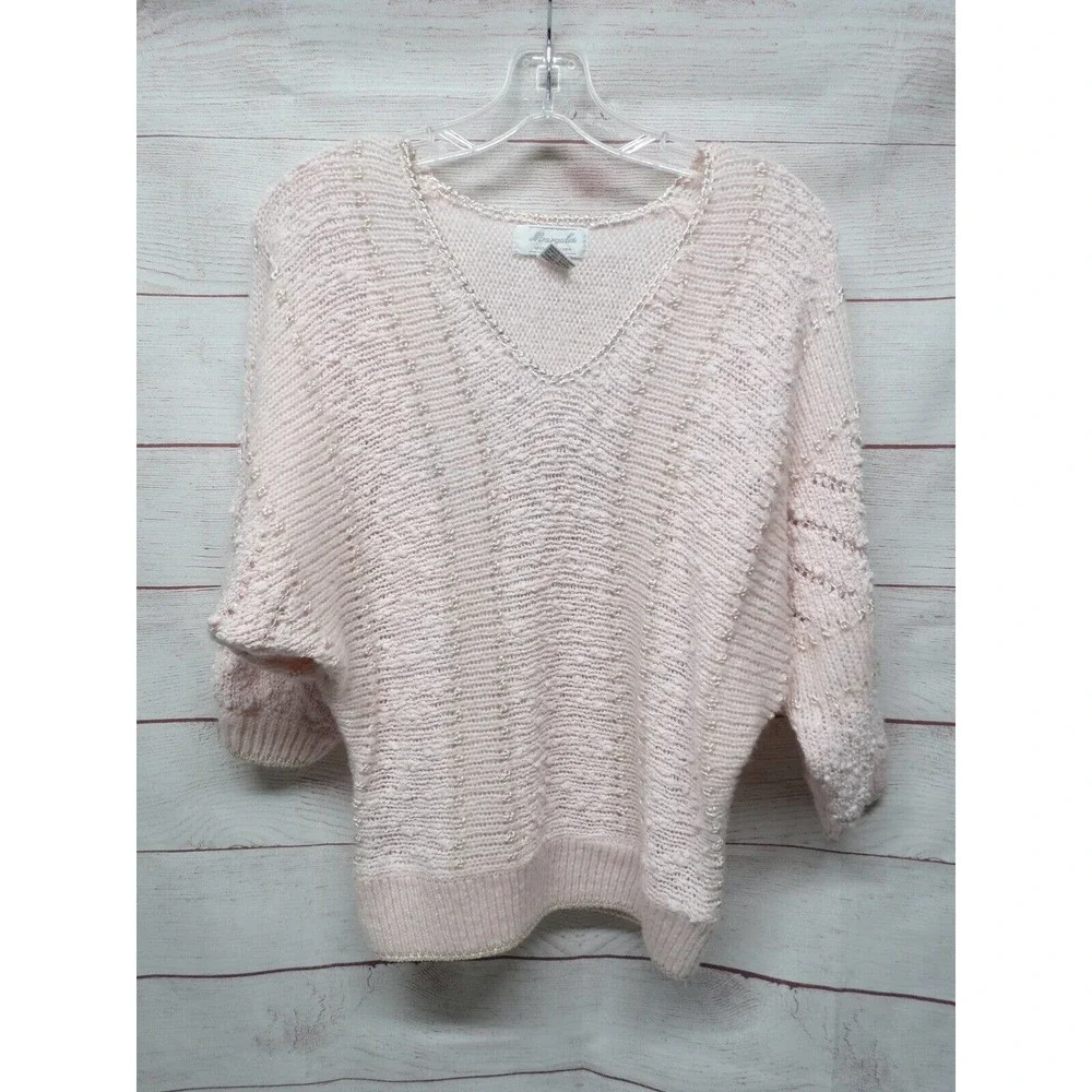 Vintage Light Pink Dolman Sleeve Textured Sweater V-Neck Size Medium